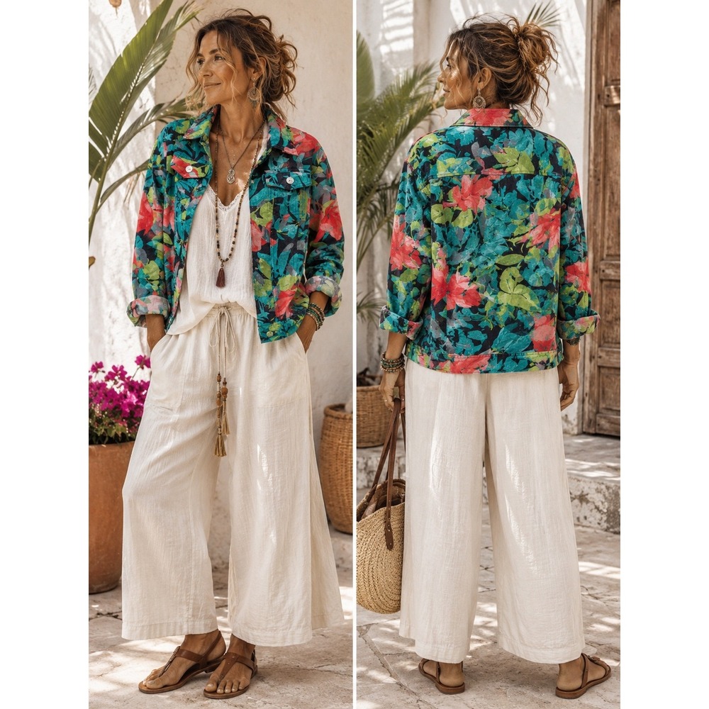 Boho Tropical Cruise Vacation Floral Green Teal Semi Sheer Button Up 12 Jacket‎